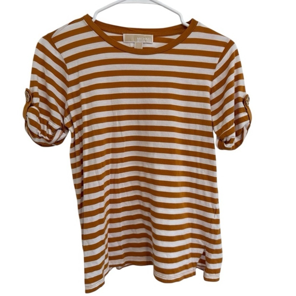 Michael Kors Womens Striped Roll Tab Sleeve Top Mustard White Size Large